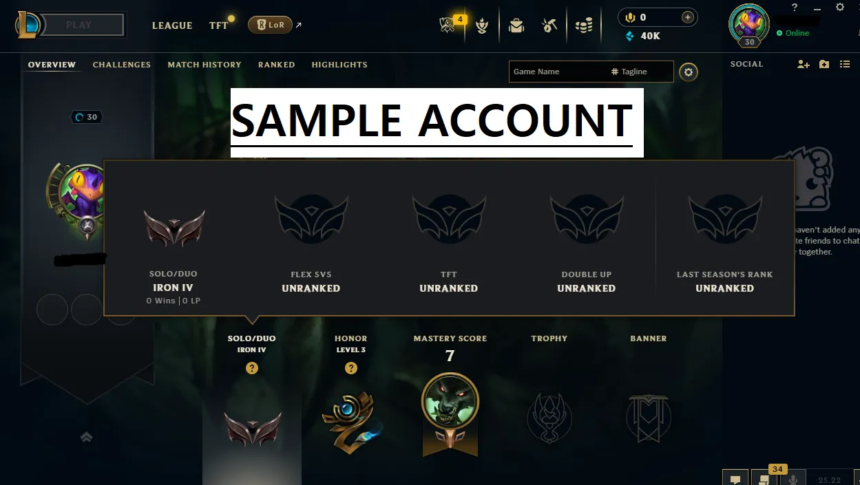 🚀OCE IRON 4 0LP ✔️+40K BE ✔️HandDeranked ✔️0W +5L ✔️Low MMR ✔️Unverified Email ✔️Instant Delivery